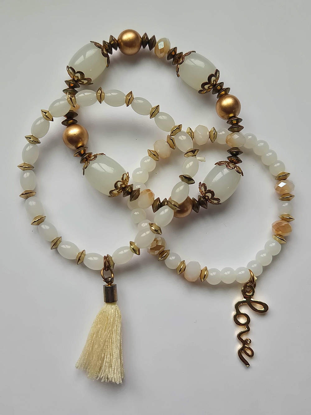 Boho Honey Jade Agate Stone Beaded Stack Bracelets Love Charm Tassel, Set of 3